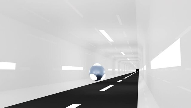 shining runway or city highway tunnel with illumination, spaceship, glowing particle ball, abstract technology background.