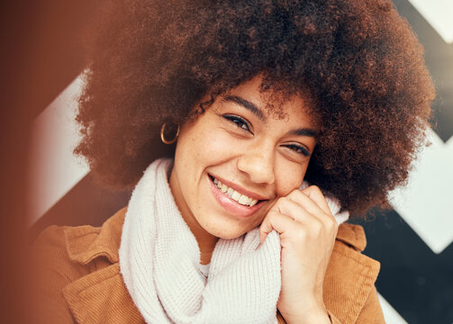 Black woman, natural hair and fashion selfie for social media influencer profile picture with a smile, afro and beauty. Portrait, face and happiness of model, girl with phone for motivation post