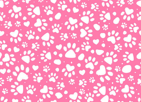 Animal paw print seamless pink and white pattern. Dalmatian Spots.Vector hand-drawn background. 