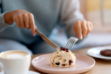 Obraz na płótnie Canvas Closeup image of a woman eating blueberry cheesecake with fork and knife