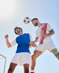 Soccer, sport and fitness, men with soccer ball playing match, rival and jump on sports field...