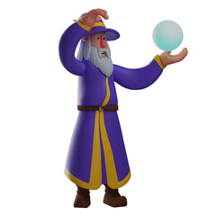 3D illustration. Romantic 3D Witch Cartoon Character spells glass ball. wearing a cool purple robe. has a thick white beard. 3D Cartoon Character
