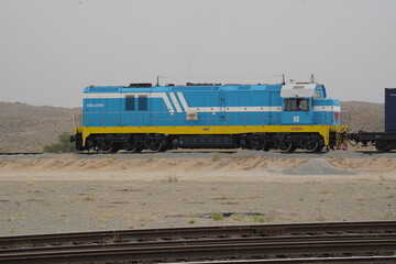 Khorgos, Kazakhstan - 09.22.2022 : An electric locomotive at the Khorgos unloading border station.