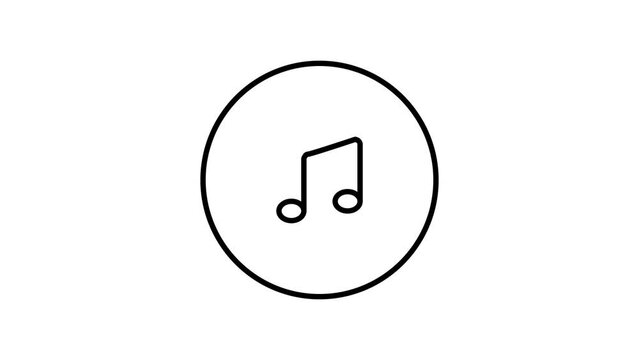 Musical note, music, in circle black and white outline button, line icon vector illustration, video animation, self drawing.