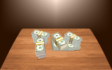 Money stack. Dollar bill stacked. Pile of cash. Currency Notes bundle. Winning price. Depot or withdrawal. Stockpile. Interest. Staking. Investment. Wooden table background. Vector illustration.