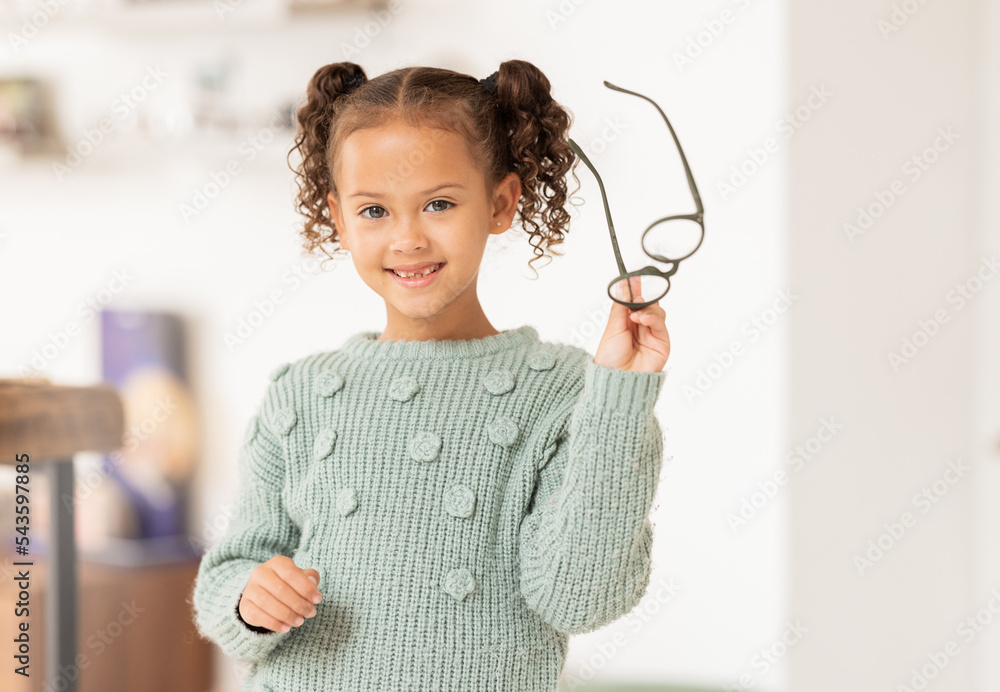 Poster Glasses, optometry and girl with decision for vision, test for eyes and healthcare at a store, clinic or shop. Advertising, smile and child with eyeglasses from an optometrist and happy with choice