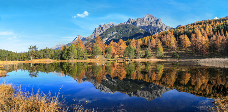 Panorama of the Swiss Alps mountain lake Lai Nair (Black Lake) with refleciton of autumn forest on the hiking trail at Scoul Tarasp, Lower Engadin, Switzerland