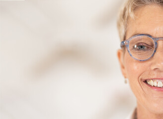 Woman, glasses and optometrist choice with a senior woman happy about frame, lens or optics...
