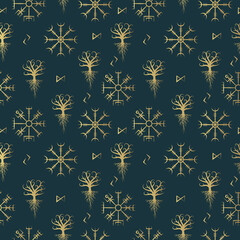 Scandinavian  golden signs vegvisir, yggdrasil and aegishjalmur seamless pattern.  Hand drawn Viking symbols.Vector illustration for backgrounds, textile and wrapping. 