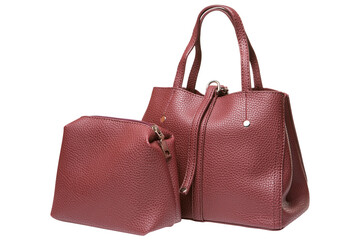 burgundy leather women's bag with long handles and clutch, isolate