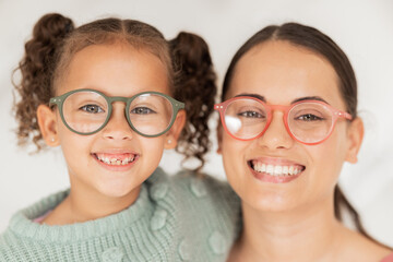Portrait, mother and child with glasses for eye care wellness and healthy vision after an eye exam...