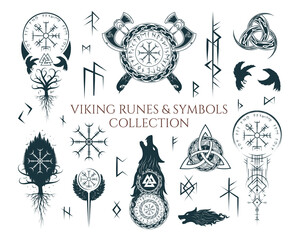 Viking runes and symbols collection.Hand drawn isolated set of  pagan norse sign vegvisir, fenrir, celtic tree of life, viking weapons. Scandinavian vector illustration.