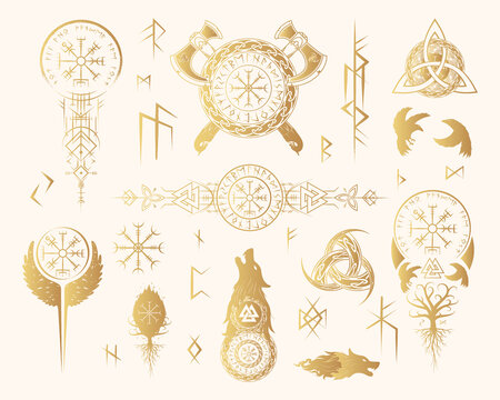 Viking runes and symbols golden collection.Hand drawn isolated set of  pagan norse sign vegvisir, fenrir, celtic tree of life, viking weapons. Scandinavian vector illustration.