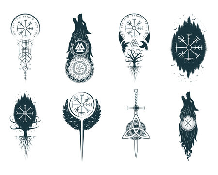 Viking symbols isolated set. Hand drawn collection of  pagan norse sign vegvisir, fenrir, yggdrasil, triquetra. Scandinavian vector illustration.