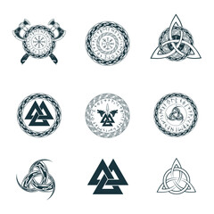 Viking symbols collection. Isolated set of nine  pagan norse sign vegvisir, triquetra, valknut, fenrir, viking axe and skaldenment. Scandinavian vector illustration.
