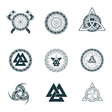 Viking symbols collection. Isolated set of nine  pagan norse sign vegvisir, triquetra, valknut, fenrir, viking axe and skaldenment. Scandinavian vector illustration.