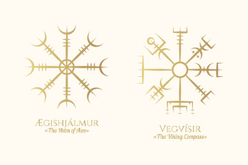 Golden Viking symbols. Two icons of vegvisir and aegishjalmur  isolated on white background. Vector illustration, pagan norse design.  - obrazy, fototapety, plakaty