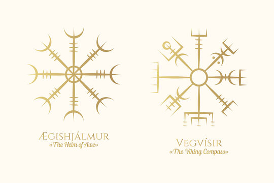 Golden Viking symbols. Two icons of vegvisir and aegishjalmur  isolated on white background. Vector illustration, pagan norse design. 