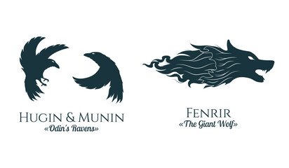 Viking symbols the Giant wolf and Odin's Ravens. Two isolated scandinavian vector illustration for  tattoo, print and t-shirt design.
