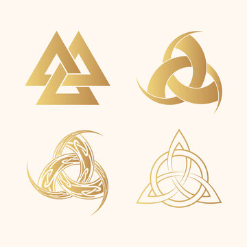 Four Viking symbols. Golden icons of valknut, triquetra, skaldenment  isolated on white background. Vector illustration, pagan norse design.