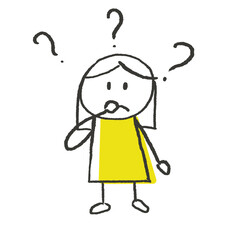 Illustration of a sad woman with question marks around her. 