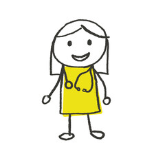 Cartoon-style happy doctor ready to help. Cheerful illustration with a woman doctor.