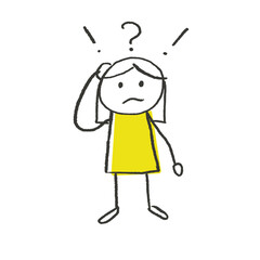 Cartoon-style sad woman with exclamation and question marks over her head. Hand-drawn illustration.
