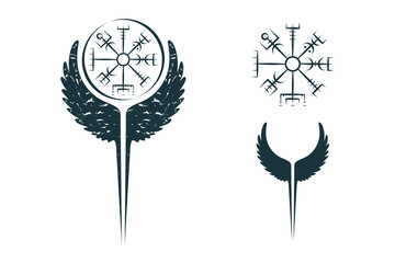Viking symbol vegvisir and raven wings . Vector isolated illustration in celtic style for  tattoo, print and t-shirt design. - obrazy, fototapety, plakaty