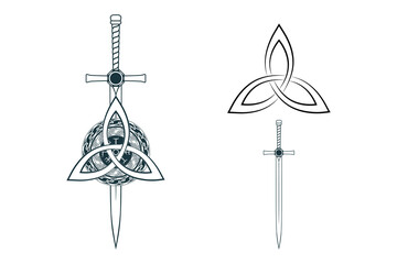 Viking symbols vegvisir, triquetra and celtic sword. Scandinavian vector illustration for  tattoo, print and t-shirt design.