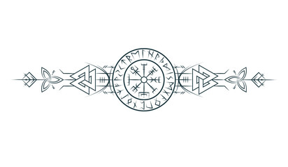 Viking symbol  vegvisir. Magic runic compass, in a circle of Scandinavian runes. Vector illustration for  tattoo, print and t-shirt design.