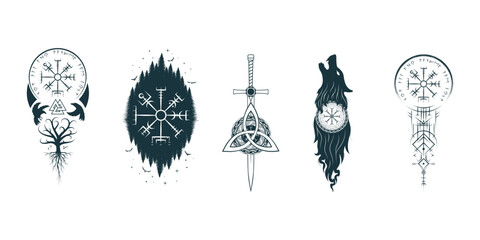 Viking symbols isolated set. Hand drawn collection of pagan norse sign vegvisir, fenrir, yggdrasil, triquetra, valknut, sword and ravens. Scandinavian illustration for tattoo, print, t-shirt design