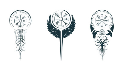 Viking symbols isolated set. Hand drawn collection of  pagan norse sign vegvisir, yggdrasil, valknut, runic circle  and ravens. Scandinavian vector illustration for  tattoo, print and t-shirt design.