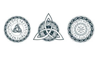 Viking symbols set. Three isolated  icons of pagan norse sign vegvisir, triquetra and skaldenment. Scandinavian vector illustration for  tattoo, print and t-shirt design.
