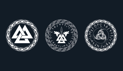 Viking symbols set. Three isolated  icons of pagan norse sign valknut, giant wolves and skaldenment on a black background. Scandinavian vector illustration.  - obrazy, fototapety, plakaty