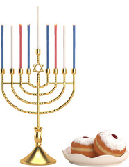 3d rendering Image of Jewish holiday Hanukkah withmenorah or traditional Candelabra and donuts