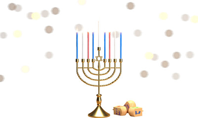 3d rendering Image of Jewish holiday Hanukkah with  menorah or traditional Candelabra on a  bokeh background.