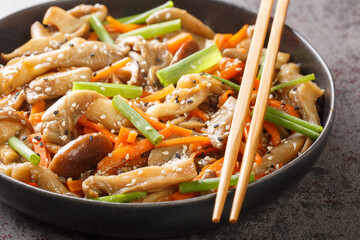  stir-fry with Shiitake and oyster mushrooms, spices, hot peppers, dark soy sauce, carrot and green onions closeup in the plate on the table. Horizontal