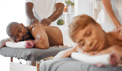 Black couple, massage in spa with massage therapist and wellness, romantic holiday for stress...