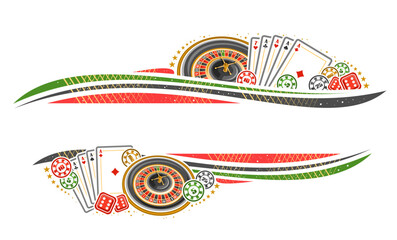 Vector border for Gamble with copy space for text, invitation with illustration of roulette wheel, decorative stars and flourishes, colorful casino coins, poker four of a kind and red gambling cubes