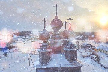 wooden church winter top view, landscape russian north architecture - obrazy, fototapety, plakaty