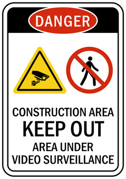Under construction sign and label construction under surveillance