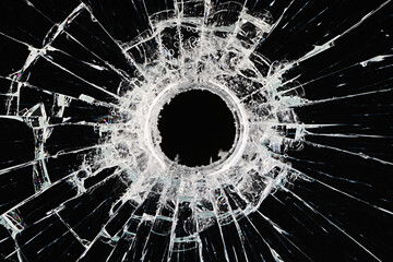 bullet hole on glass black background for overlay, transparent window