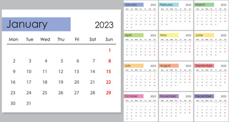 Calendar 2023 on English language, week start on Monday