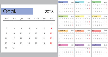 Calendar 2023 on Turkish language, week start on Monday.