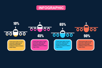 Military combat airplane infographic with percentage fill for presentation 4 options or steps. vector illustration.