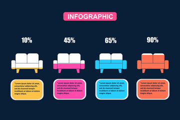 sofa furniture infographic with percentage fill for presentation 4 options or steps. vector illustration.