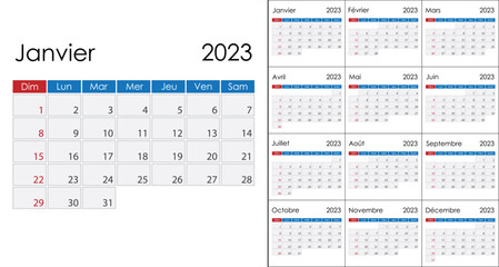 Calendar 2023 on French language, week start on Sunday. Vector template