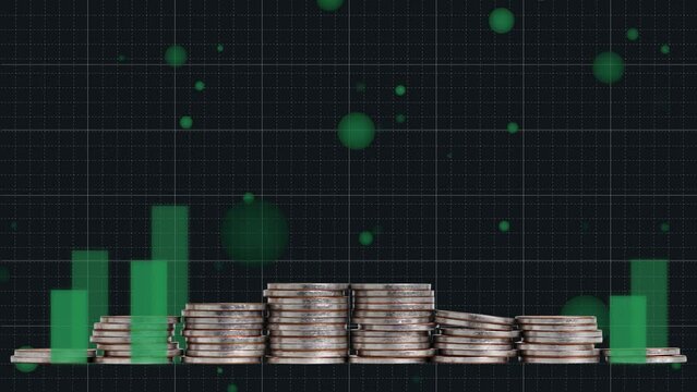Various miniature people standing on a pile of coins at different heights. Bar graph and business concept on income inequality.
