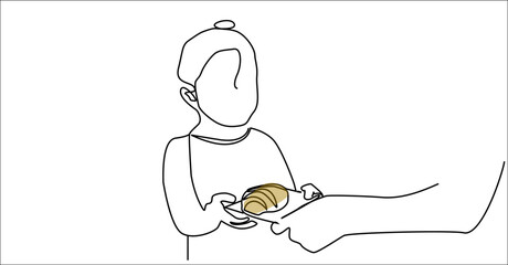 person giving food to a child. giving food to an orphaned child. teaches the culture of sharing at school