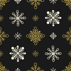 Seamless pattern with gold and white snowflakes on a dark background. New Year illustration in flat style. Vector image.	